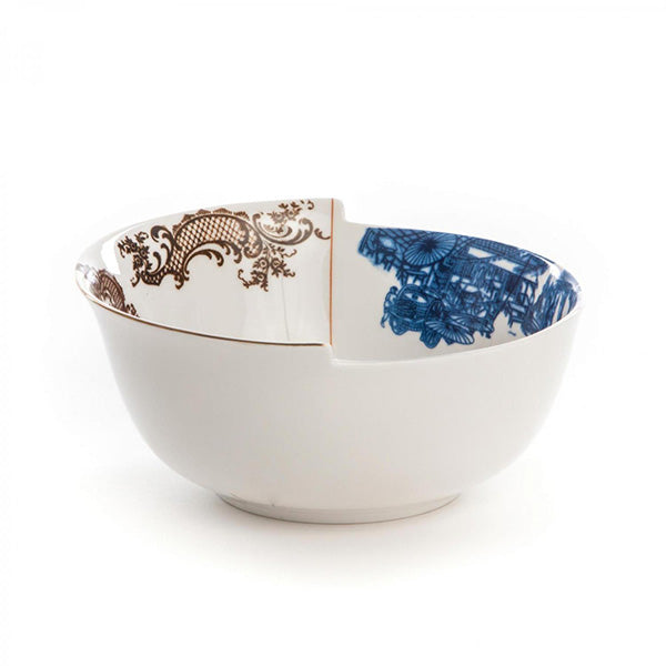 Alessi Hybrid Despina bowl, design CTRLZAK, other corner with gold and blue motif in the bowl