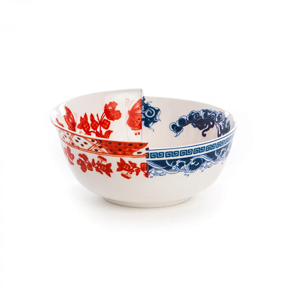 Kom met rood decor links en blauw decor rechts, ander zijaanzicht.