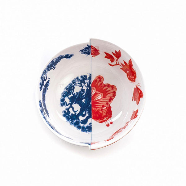 Top view of bowl with blue motif on one side and red on the other