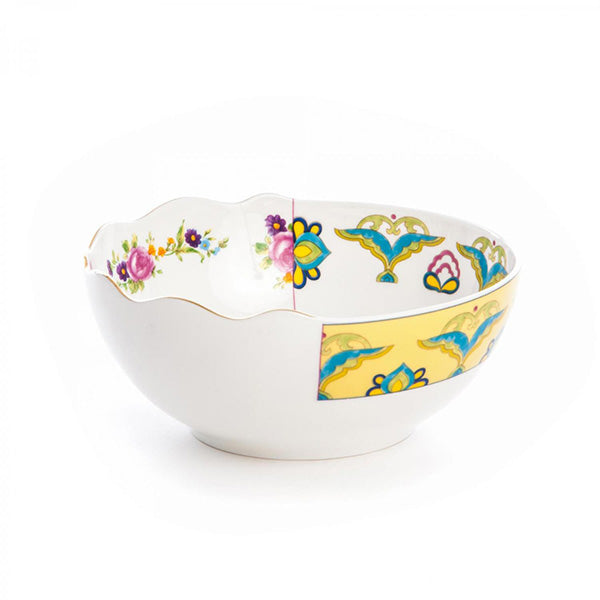 seletti Hybrid Bauci bowl by CTRLZAK, diagonal view with floral rim and yellow pattern inside