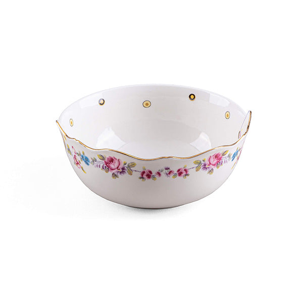 Saylac bowl by Seletti in white porcelain with rose motif and wavy rim