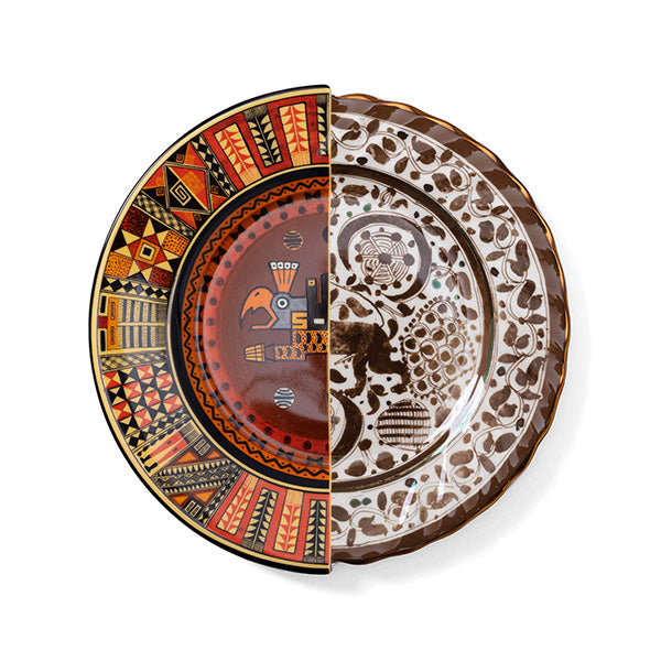 Alessi Hybrid Mitla large plate by CTRLZAK, top view with geometric and floral motif in orange and brown
