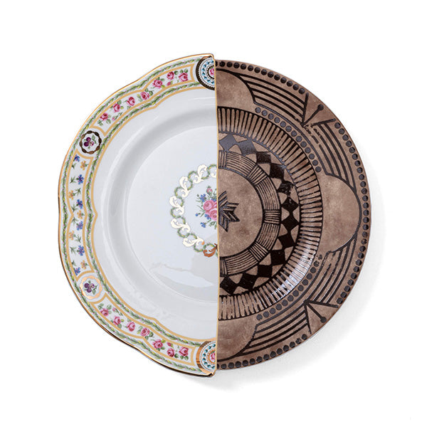 Large plate Hybrid Hobyo, Seletti, top view with floral motif and geometric decoration