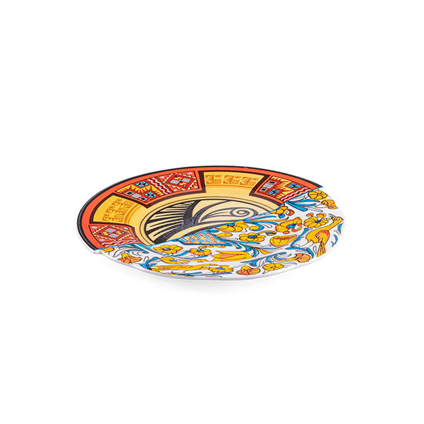 Dessert plate from the Hybrid Huaricanga series by Seletti, designed by CTRLZAK, colourful pattern