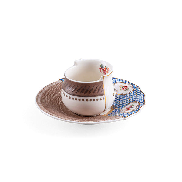 Djenne coffee cup and saucer from Seletti's Hybrid series, with floral motif and blue checks