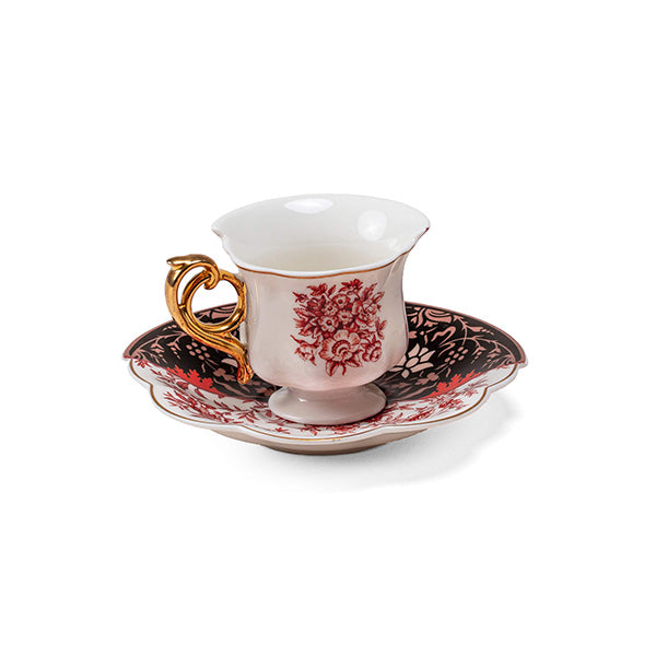 Seletti coffee cup and saucer, Sagala, detail of gold-coloured handle