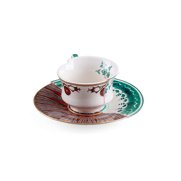 Seletti Chucuito coffee cup with saucer, Hybrid series, green and red pattern