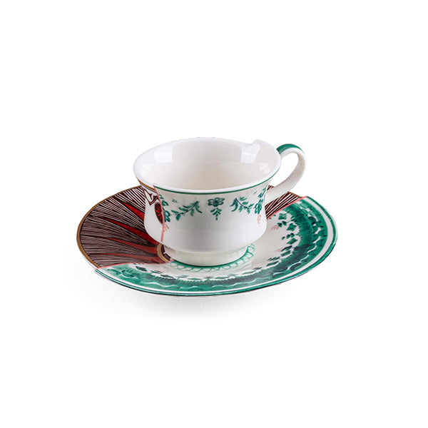 Chucuito coffee cup with saucer, Seletti Hybrid series, three-quarter view