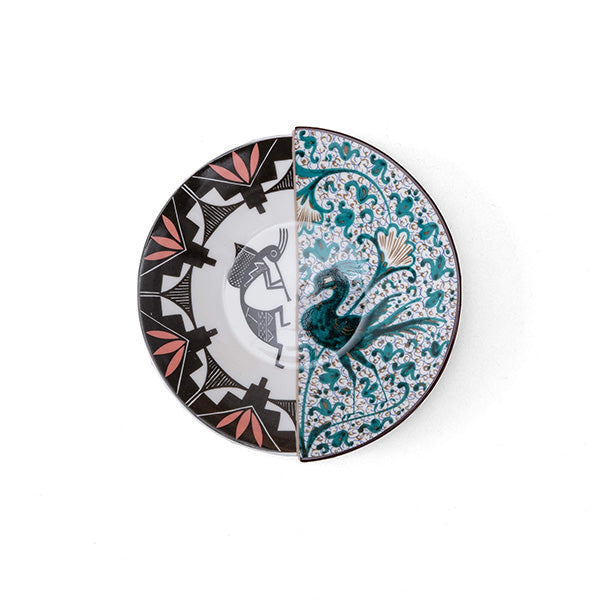 Saucer from the Hybrid series, Aspero design, top view with two patterns side by side