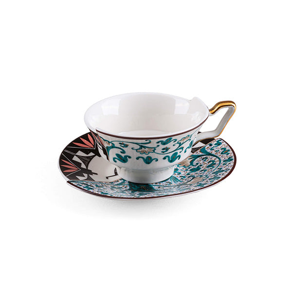 Teacup and saucer from the Hybrid series, Aspero design, three-quarter view