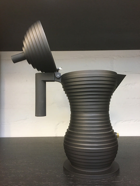 Alessi Pulcina espresso maker in black, opened with lid up