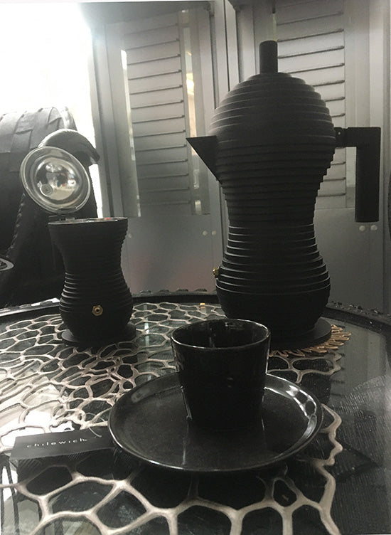 Alessi PULCINA espresso maker in black with matching cup and saucer