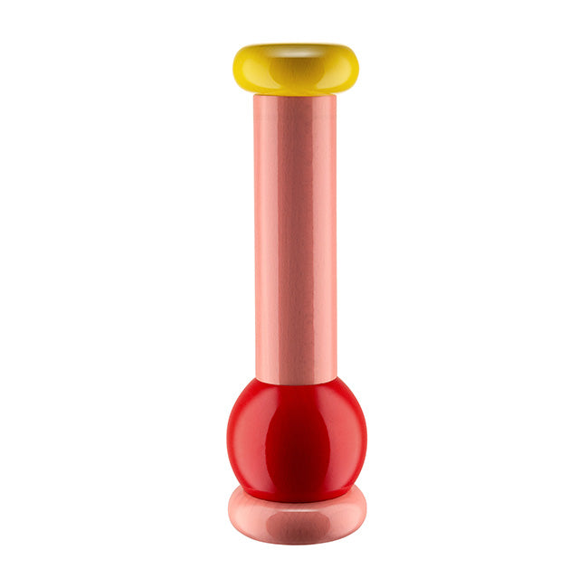 Alessi Twergi pepper mill by Sottsass, wood in rose-red with yellow knob