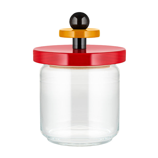 Alessi Twergi voorraadbus met rood houten deksel, close-up