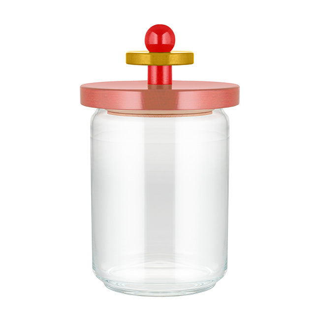 Twergi voorraadpot van Alessi in roze, met houten deksel en knop, ontwerp Ettore Sottsass