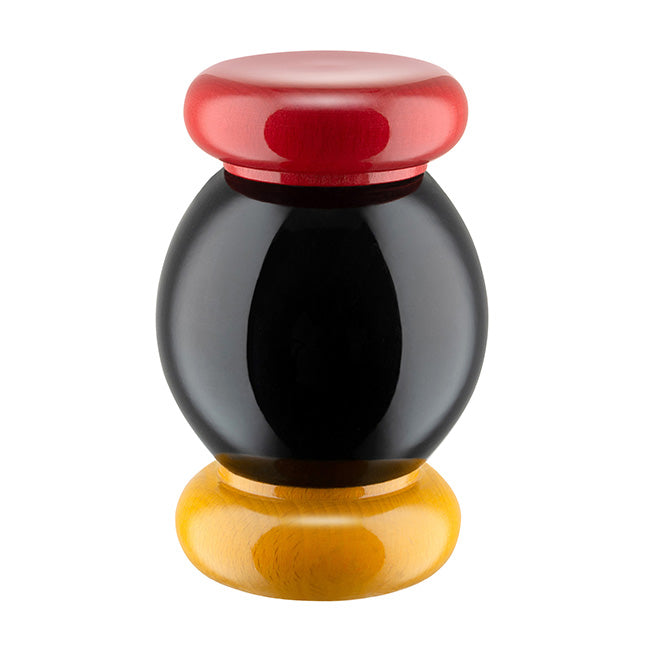 Alessi Twergi spice mill in wood, black, red and yellow, ceramic grinding mechanism