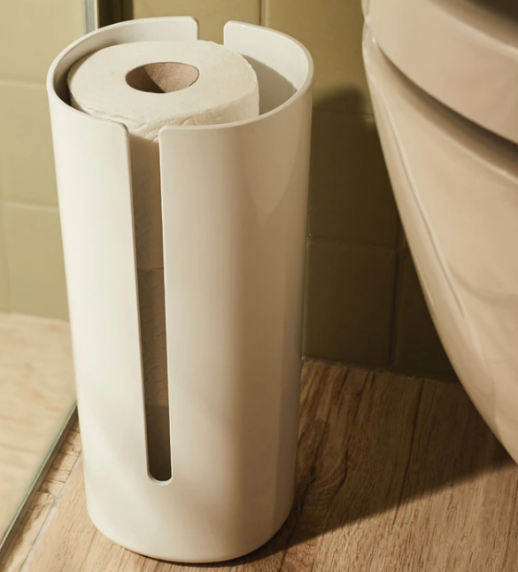 Alessi Birillo houder voor reserverollen, badkamer, in wit kunststof, met rol gevuld