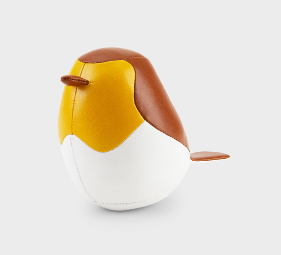 Mini-Geelborst, presse-papier in vogelvorm van kunstleer, driekwart aanzicht