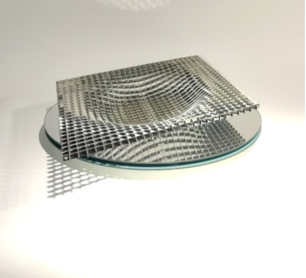 Stainless steel Gravity fruit bowl by Fundamental, top view from angled corner