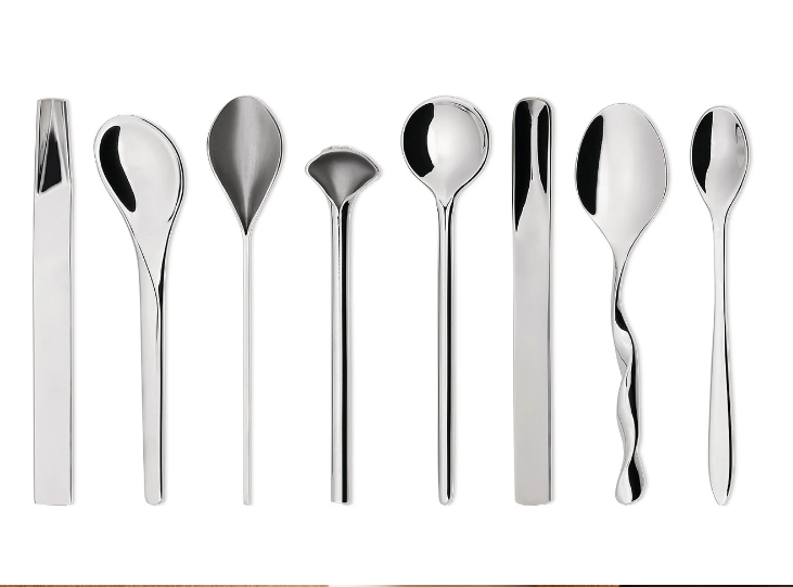 Alessi espresso spoon set, eight spoons with varying handle and bowl shapes