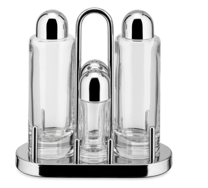 Alessi menage set voor olie, azijn, peper en zout, leeg op houder