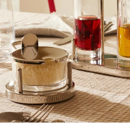 Alessi kaas container van Sottsass, gevuld, met scharnierdeksel en glas