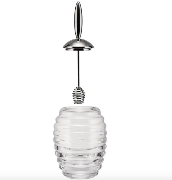 Alessi Honey Pot honingpot van geribbeld glas met deksel en lepel los boven de pot