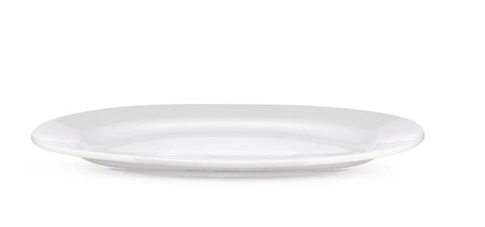 Alessi Platebowlcup ovaal presenteerbord, zijaanzicht in wit porselein