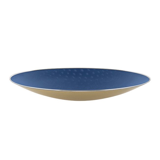 Cohncave schaal in blauw en goud, ovale vorm, zijaanzicht.