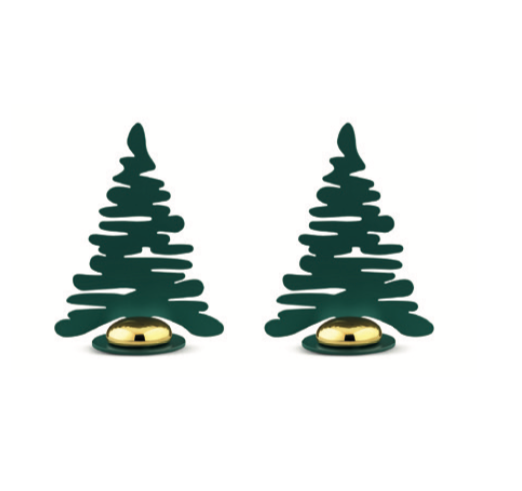 Alessi Mini Bark boompjes, twee metalen menukaarthouders in groen met gouden magneet