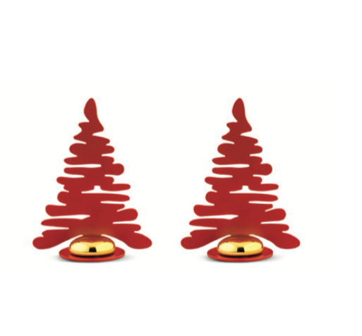 Alessi Mini Bark boompjes van Michel Boucquillon, metalen placemarkers in rood met goudkleurige knop