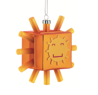 Alessi Sunflake kerstkubus, glazen kerstbal met zonmotief, vooraanzicht
