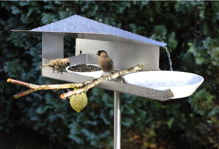 Vogelvoederhuis in ongecoat staal, met vogels bij regen