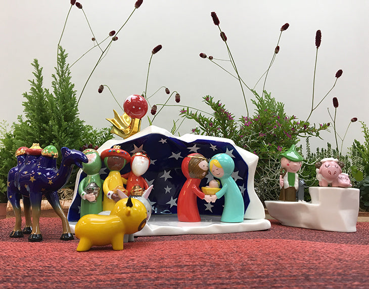Happy Eternity nativity scene complete with all figurines, including shepherd, sheep and camel