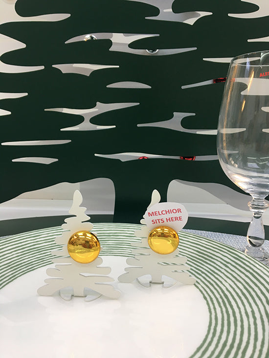 Mini Bark tree by Alessi used as menu card holder, white with gold knob