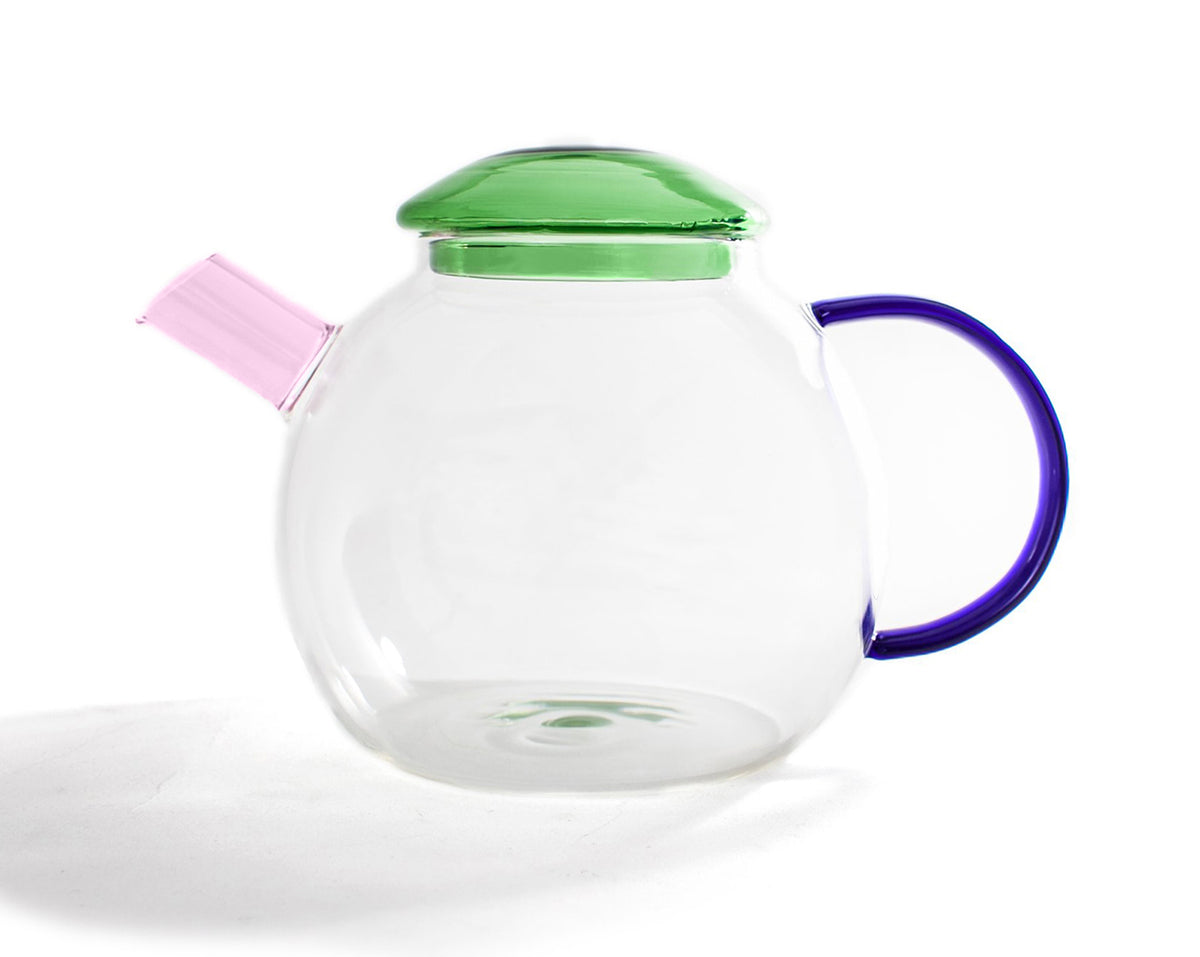 Nieuwe theepot van glas, 1 liter, ontwerp Rönsch- Molloy, met groen deksel en roze tuit