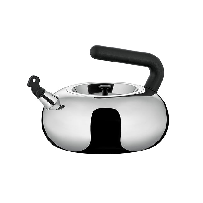 Alessi Bulbul waterketel van Castiglioni, roestvrij staal met zwart handvat, bovenaanzicht