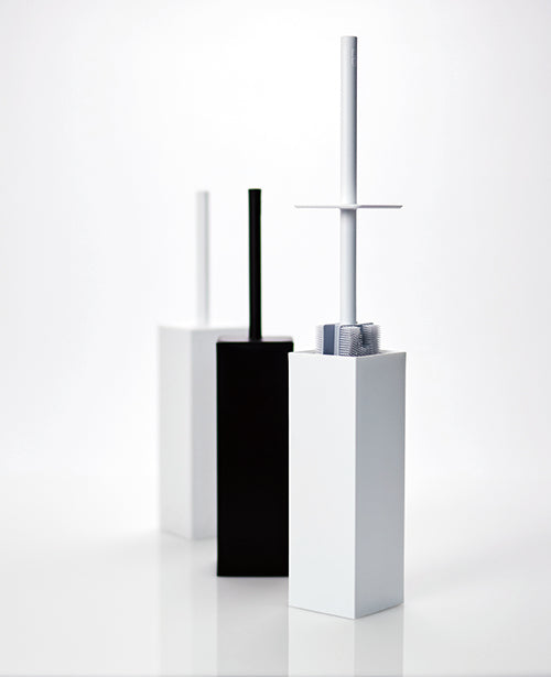 Japanese toilet brush with holder, white and black side by side