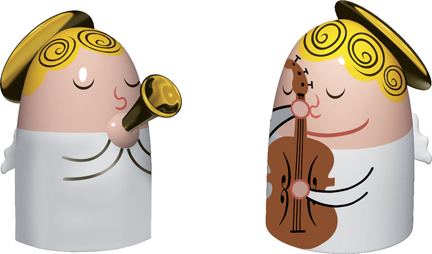 Alessi Angels Band beeldjes, engel als trompettist en als bassist, wit met goud, ontwerp Massimo Giacon