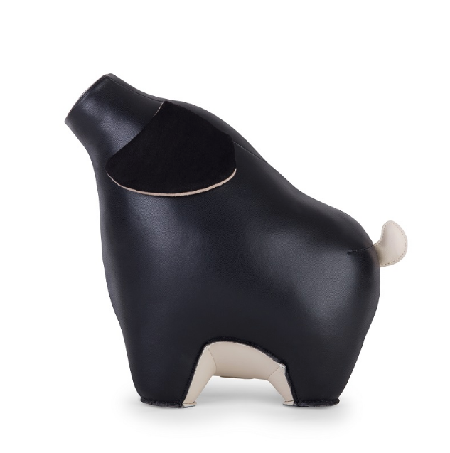 Zuny Pig Diya boekensteun in varkensvorm, zwart kunstleer, zijaanzicht