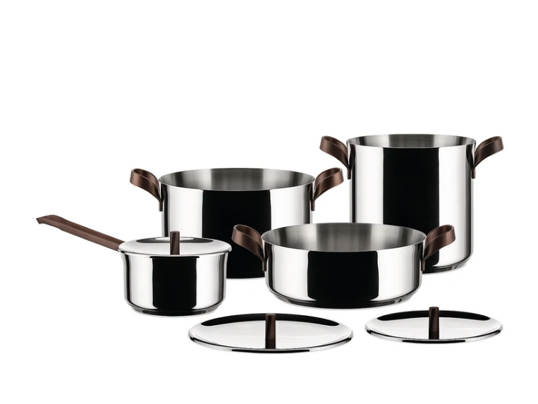 Alessi EDO pannenset met lage en hoge braadpan, sauspan en drie deksels in rvs