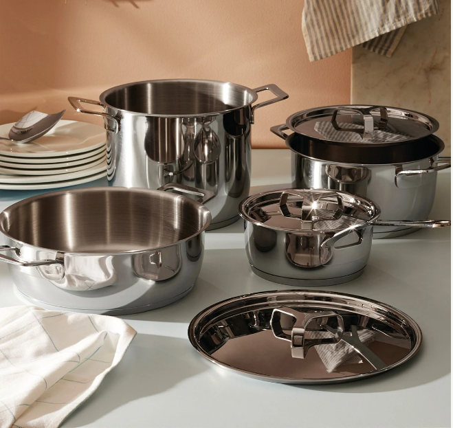 Alessi Pots&Pans 7-delige set, hoge kookpan, braadpannen en sauspan in rvs