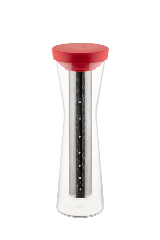 Alessi Mazagran coldbrew-karaf met rode deksel en metalen filter