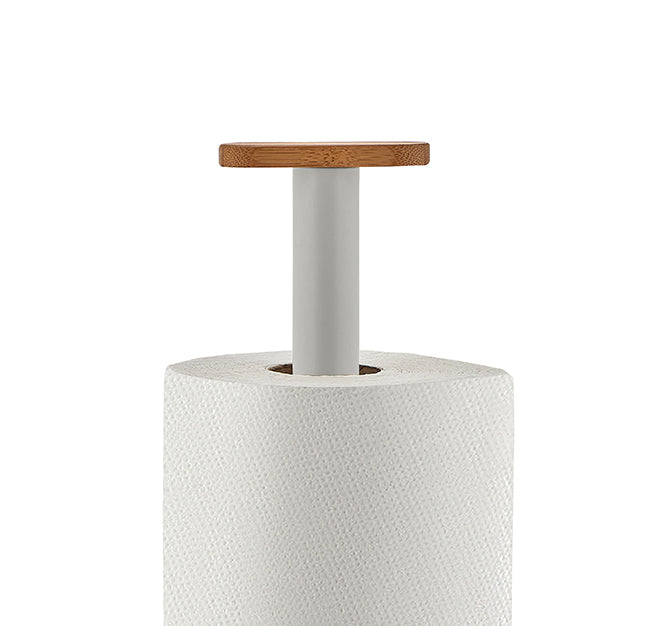 Alessi Mattina keukenrolhouder, detail van bamboehouten sluitdop op de rol