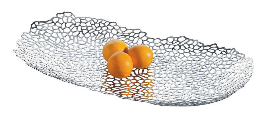 Alessi Opus fruitschaal, langwerpig met open kantpatroon, in metaal