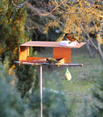 Vogelvoederhuisje van staal in gebruik buiten, met tak en vetbol