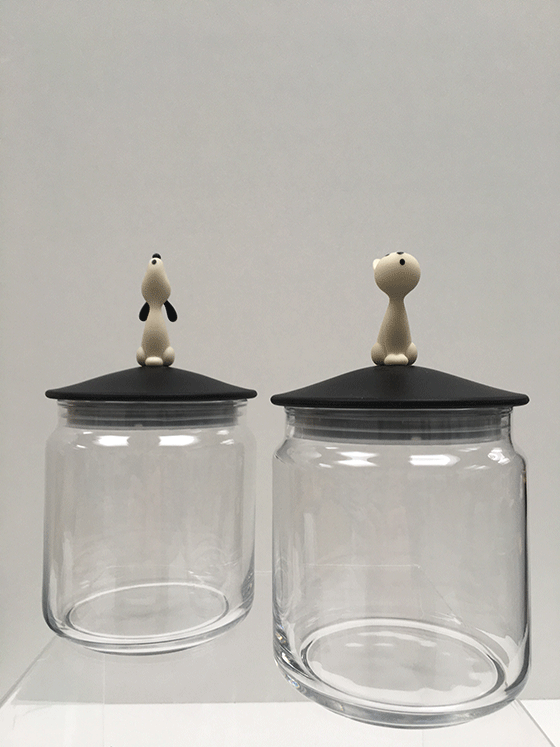 Empty glass sweet jars from Alessi Pet, designed by Miriam Mirri