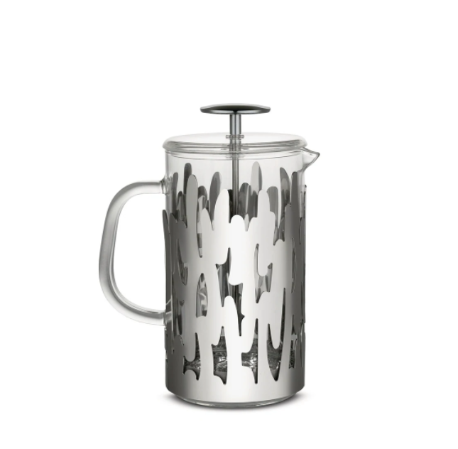 Press Filter koffiemaker, Alessi serie Bark, zijaanzicht met rvs boom-patroon