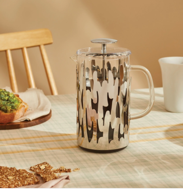 Press Filter koffiemaker, Alessi serie Bark, rvs met boom-patroon en glazen kan