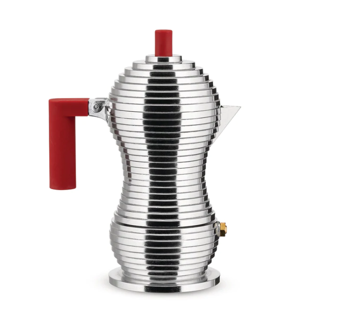 Alessi Pulcina 3-cup espresso maker for induction, red handle, design Michele De Lucchi